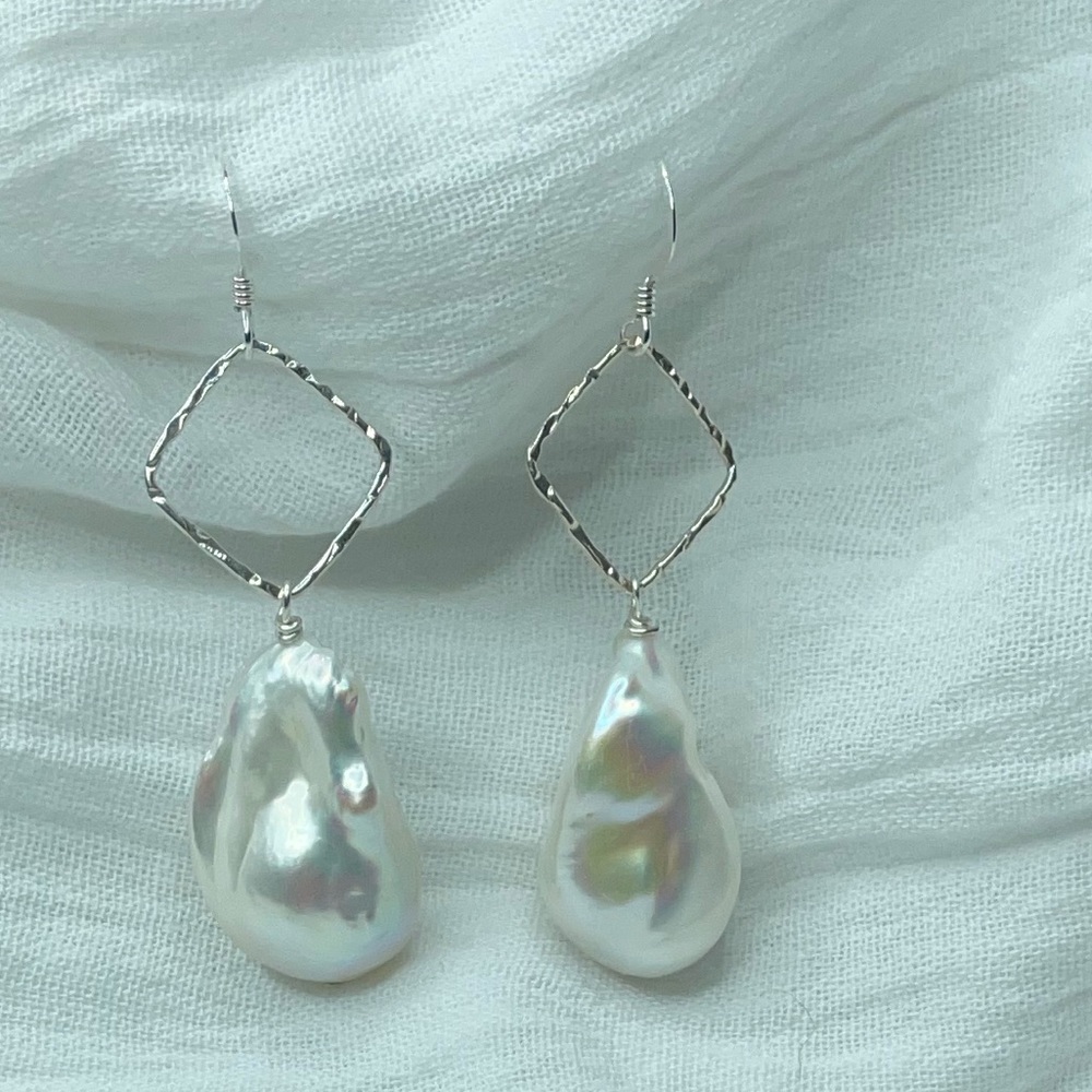 New Large White Keshi Baroque Pearl Dangle Drop Sterling Sliver Earrings